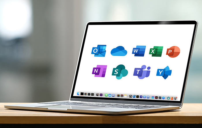 Laptop med ikoner från Microsoft 365